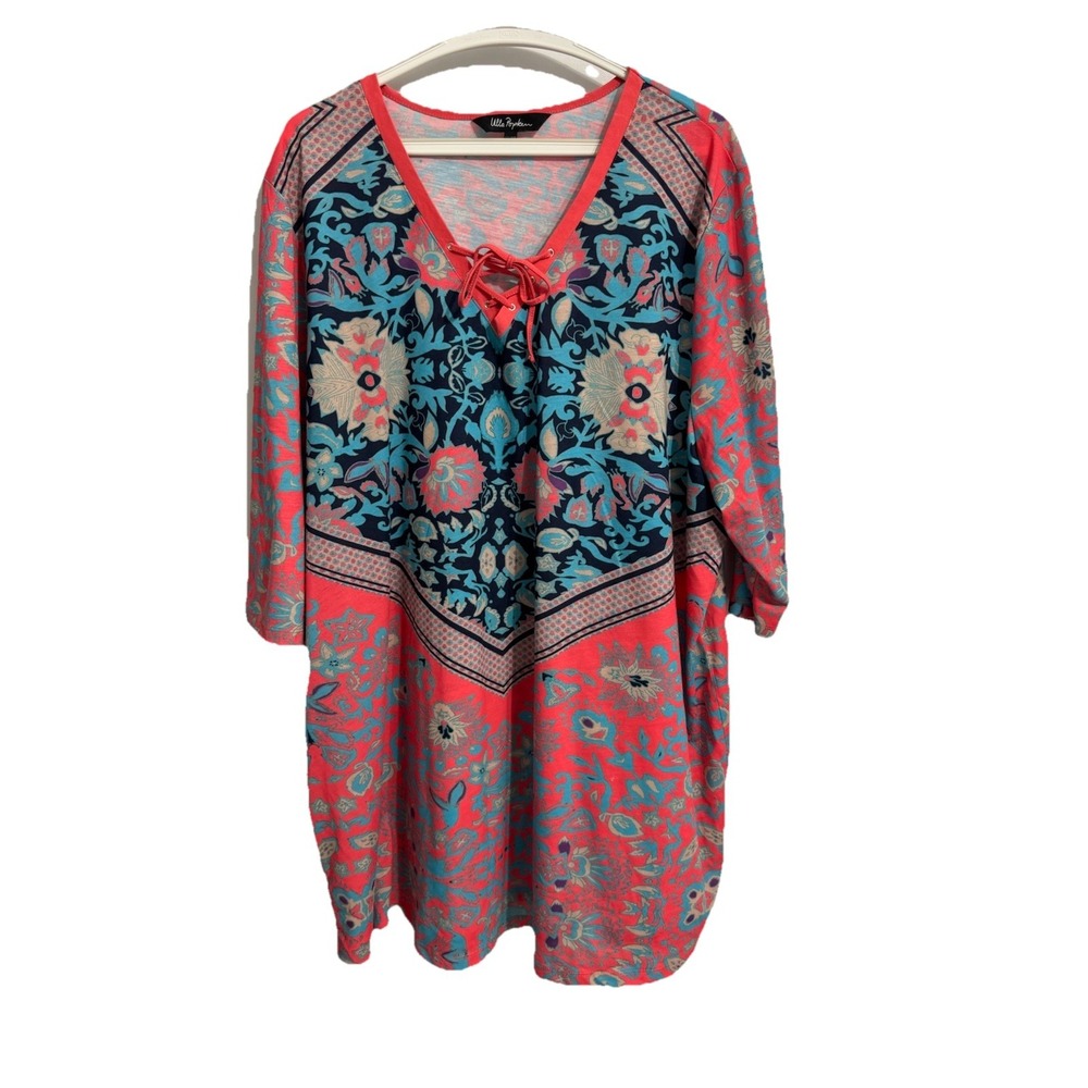 Ulla Popken Multicolor Coral Blue Floral Lace Up Tunic Top Plus Size 24/26